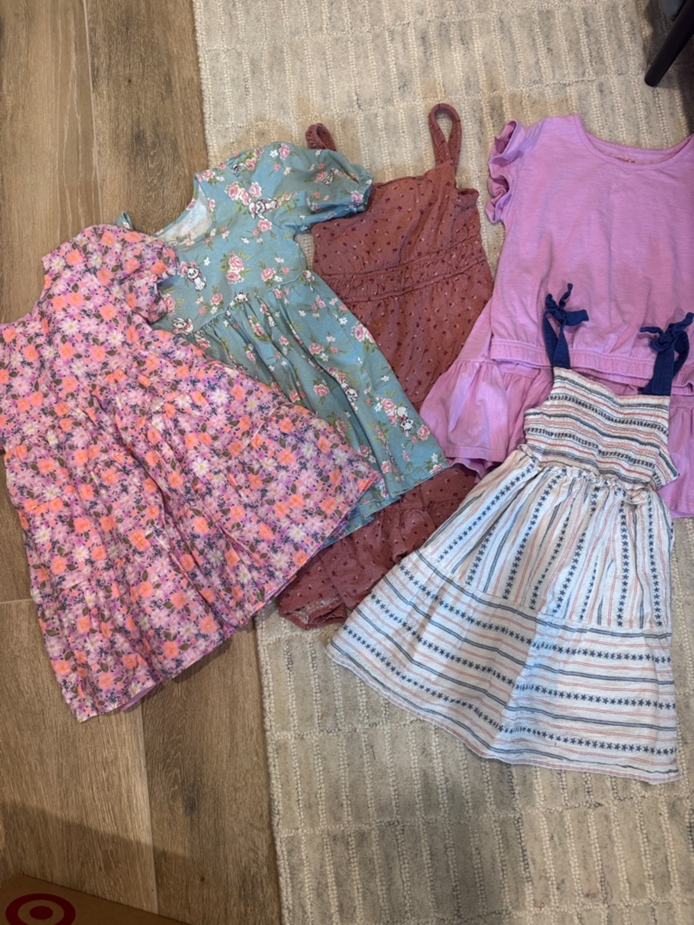 Girls' Pink Floral Tiered Dress - Cute Everyday Dresses & one shirt & skirt set